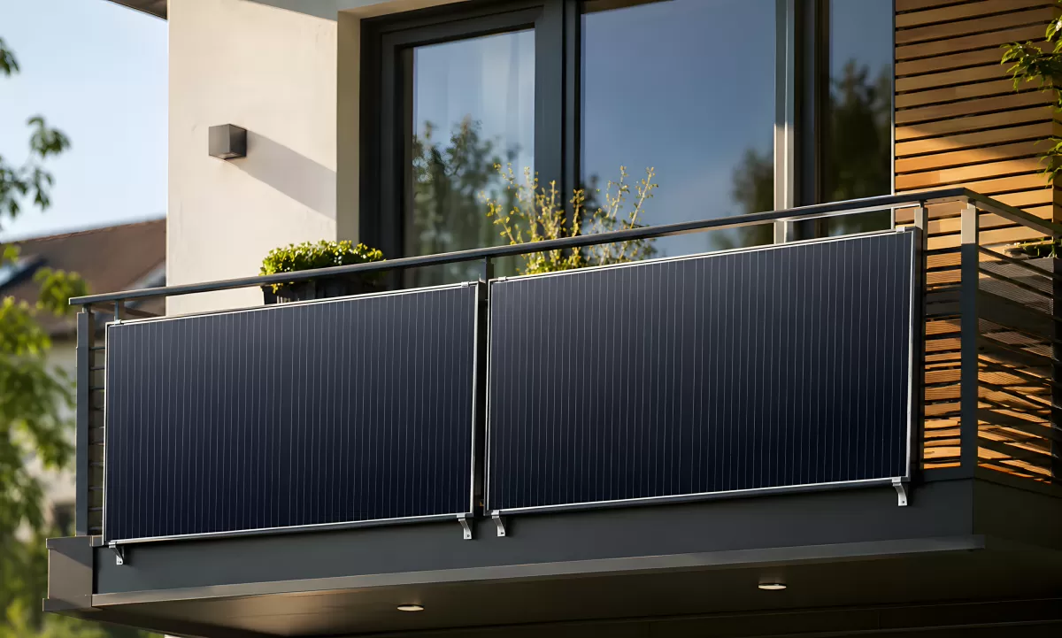 Balkonkraftwerk mit zwei Solarmodulen an modernem Gebäude