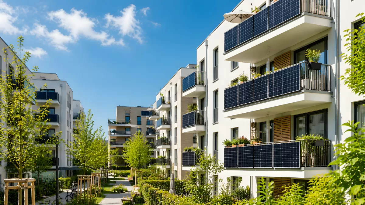 Balkonsolar an modernen Mehrfamilienhäusern im Grünen