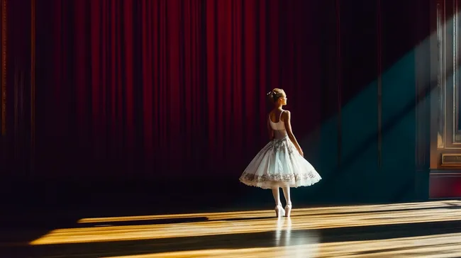 Ballerina in weißem Tutu auf dunkler Theaterbühne