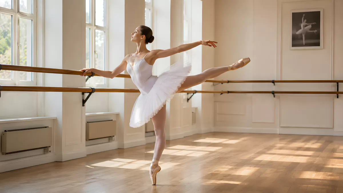 Ballerina in weißem Tutu übt Arabesque im Tanzstudio