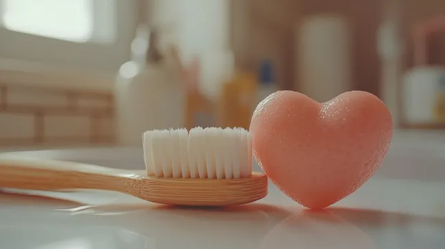 Bambusbürste und Seifenherz im stilvollen Badezimmer