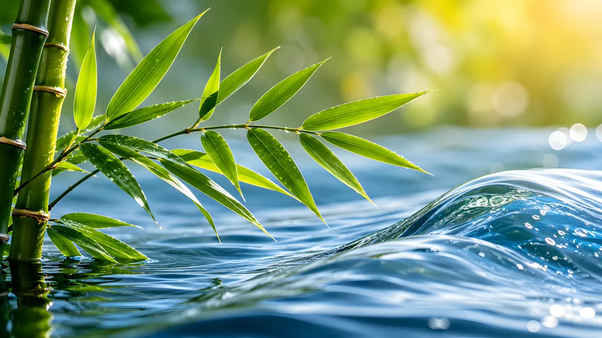 Bambuszweig über ruhigem Wasser im Sonnenlicht