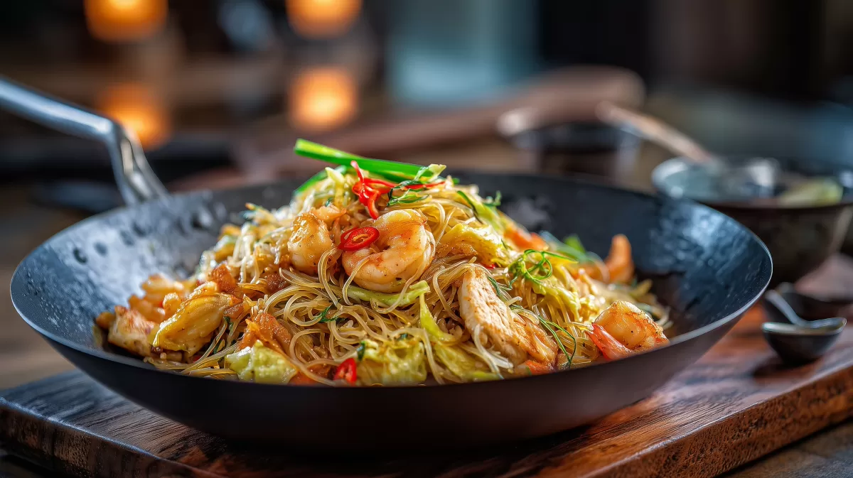 Bami Goreng Hähnchenpfanne mit Garnelen im Wok