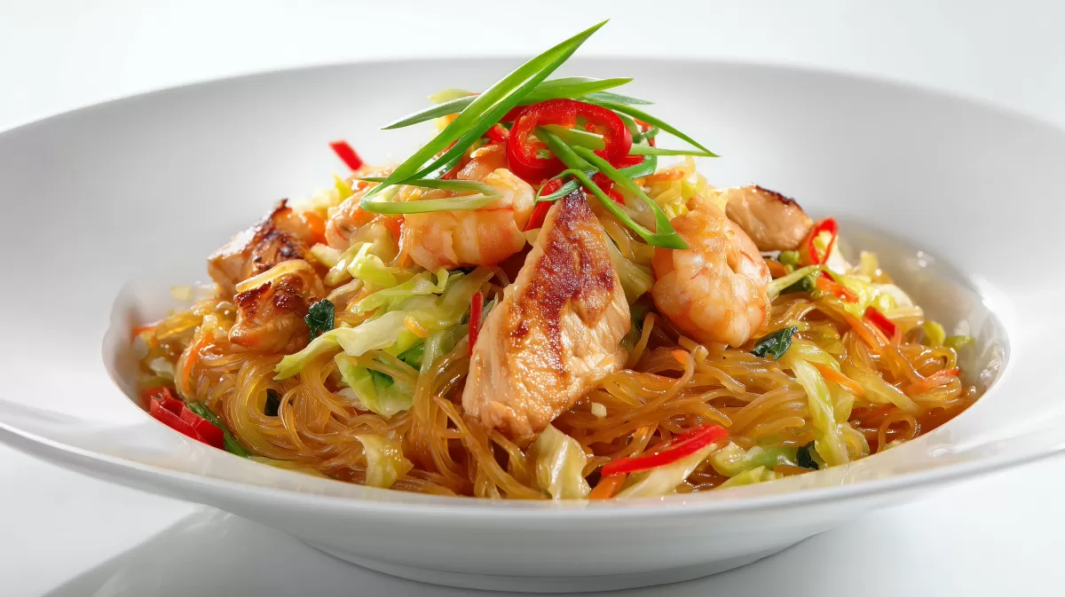 Bami Goreng Hähnchenpfanne mit Garnelen und Glasnudeln