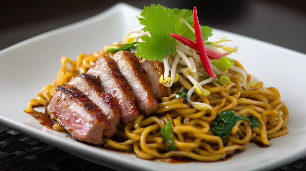 Bami Goreng mit gebratener Ente auf weißem Teller