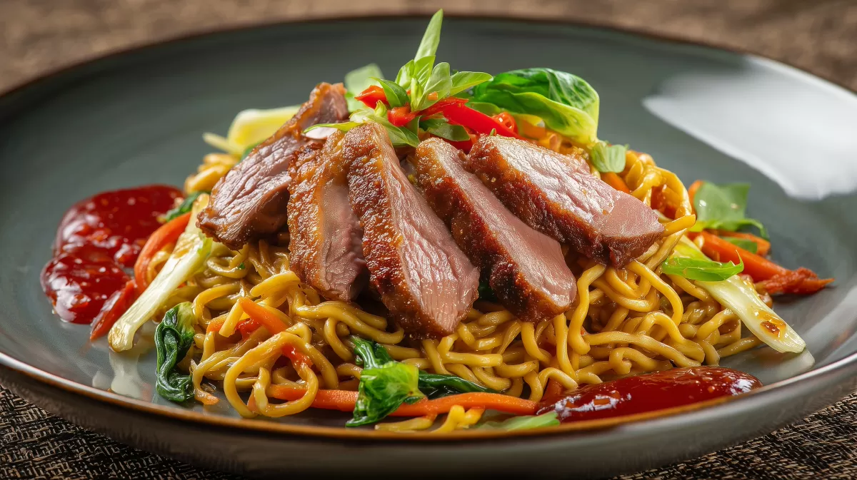 Bami Goreng mit knuspriger Ente auf grauem Teller