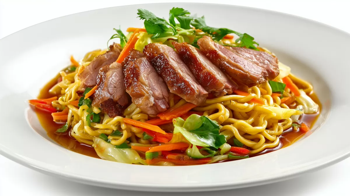 Bami Goreng mit knuspriger Ente auf weißem Teller