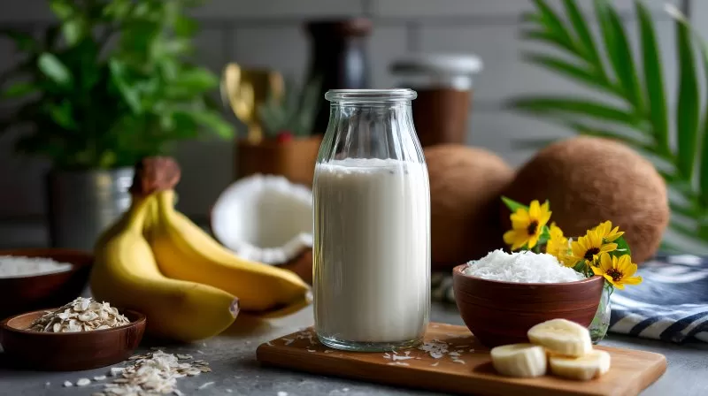 Banana Coconut Smoothie with Ingredients in Kitchen