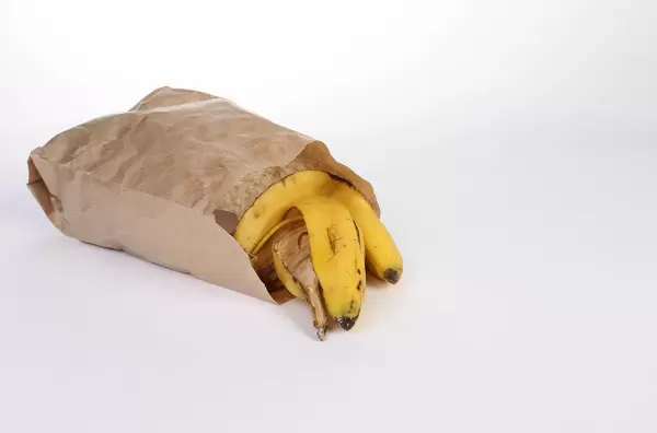 Banana peels in a paper bag on white background