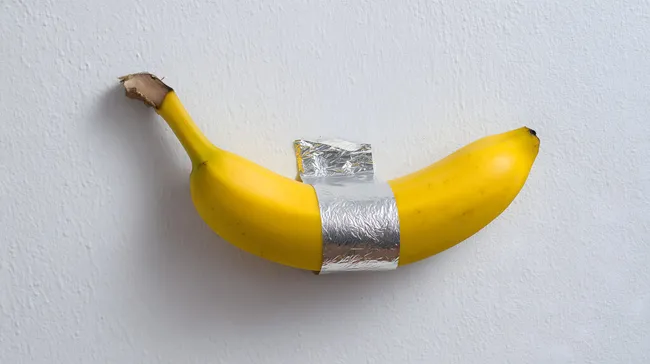 Banane mit Klebeband als moderne Kunst an der Wand