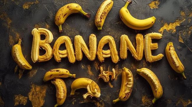 Bananen in Wortform aus Früchten arrangiert