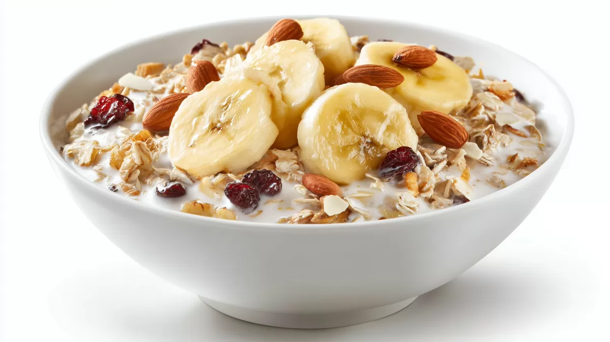 Bananen Müsli mit Mandeln und Cranberrys in Schüssel