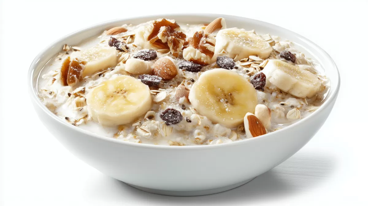 Bananen Müsli mit Nüssen und Rosinen in weißer Schüssel