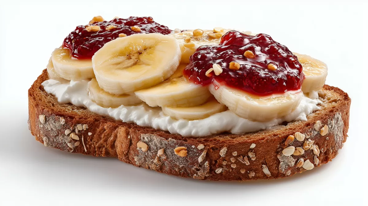 Bananen Quark Brot mit Kirschmarmelade auf Körnerbrot
