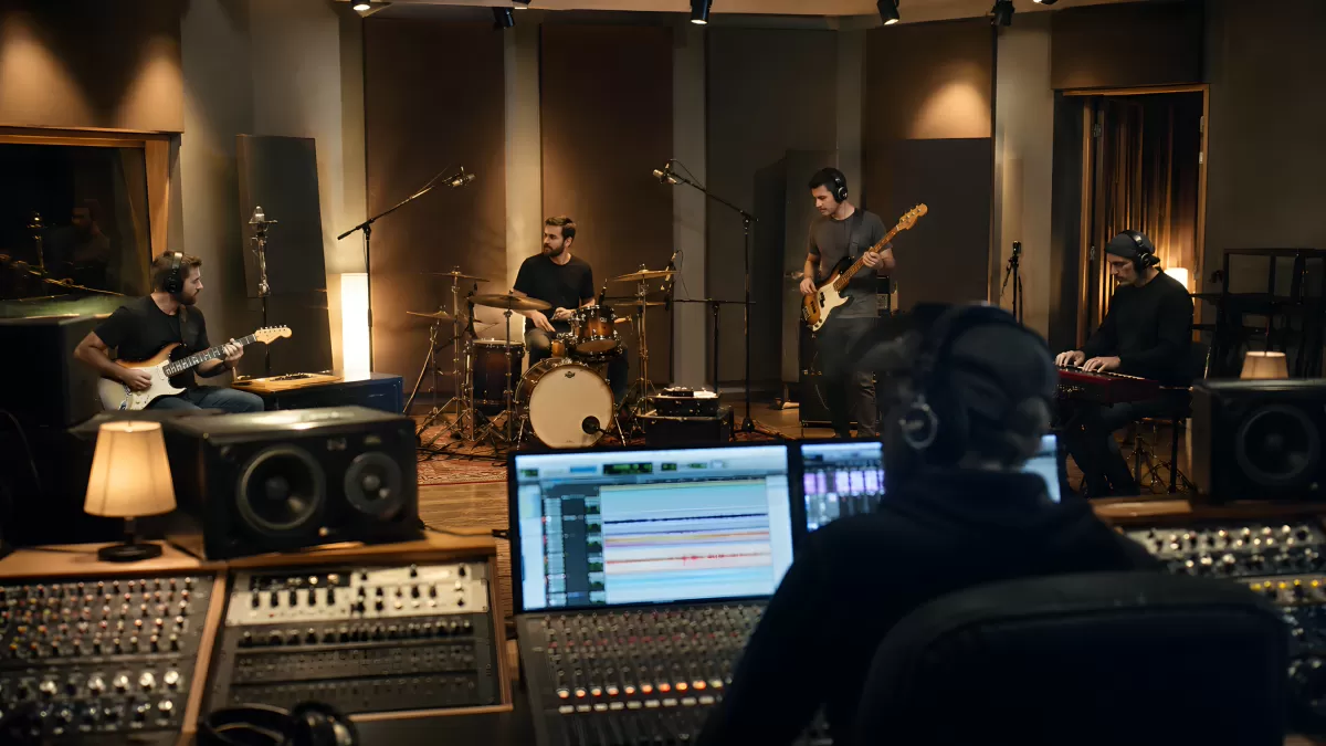 Band beim Aufnehmen in modernem Tonstudio