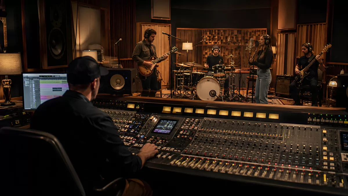 Band nimmt Song in professionellem Tonstudio auf