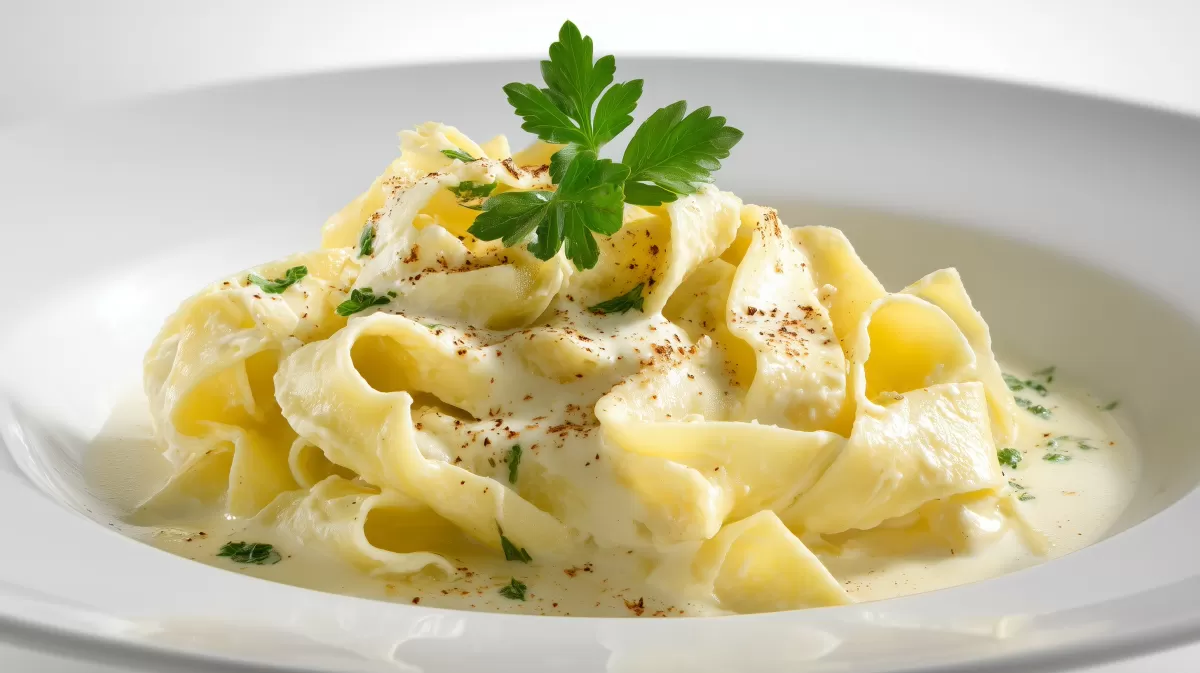 Bandnudeln in cremiger Käsesoße mit Petersilie