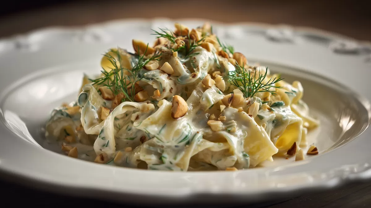 Bandnudeln in feiner Käsesauce mit Dill und Nüssen