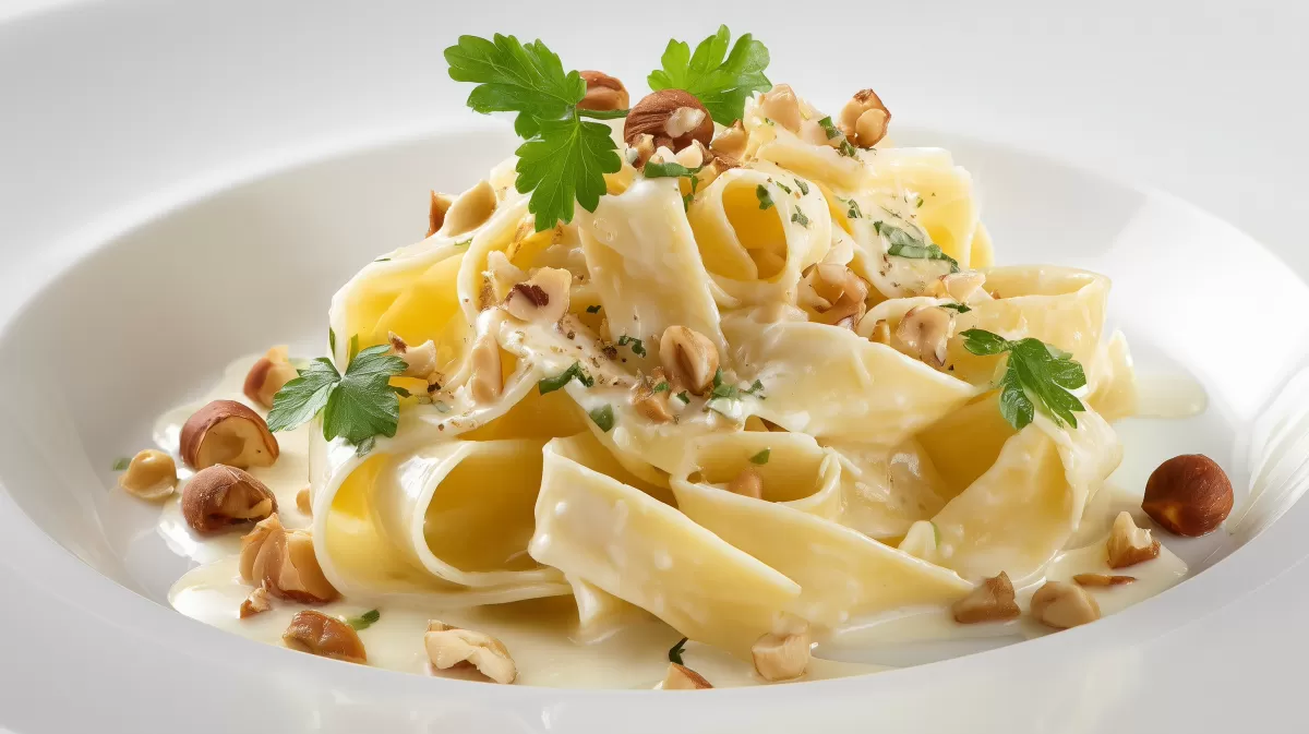 Bandnudeln in feiner Käsesauce mit Haselnüssen