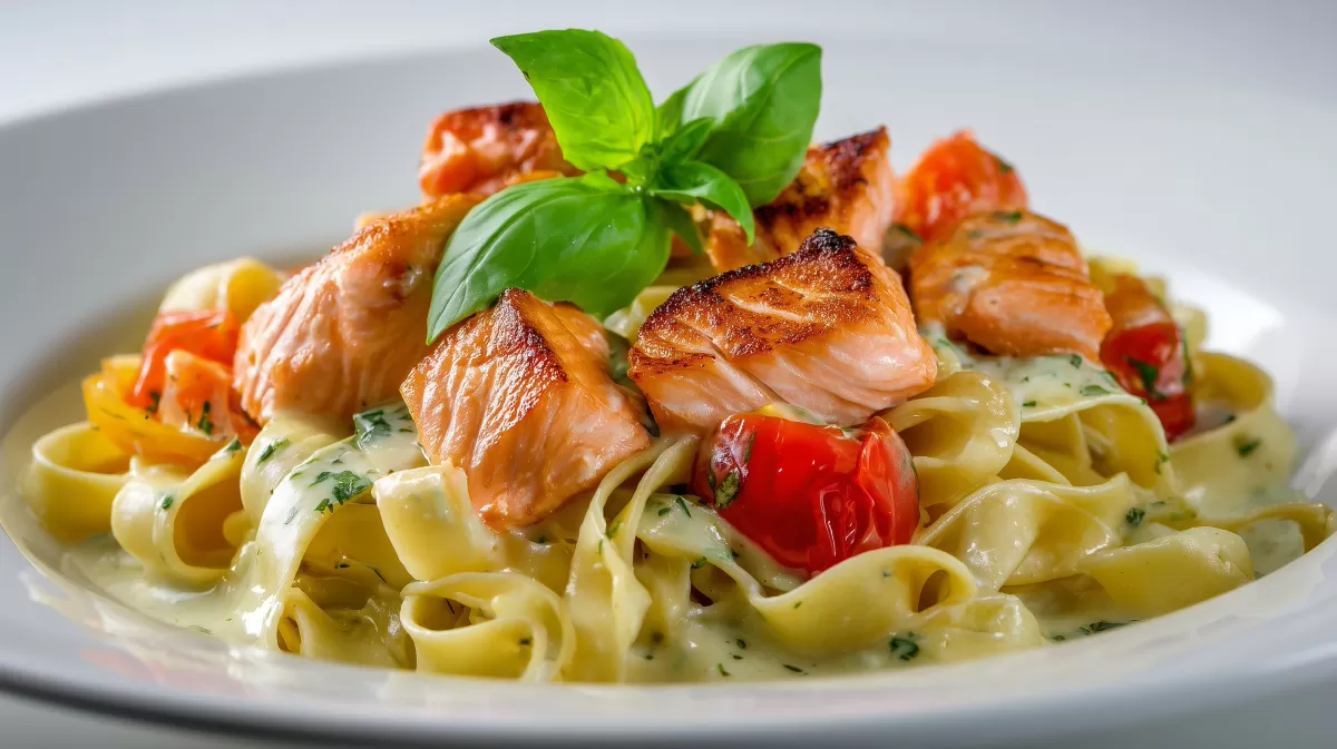 Bandnudeln mit gebratenen Lachsstreifen und Sahnesauce