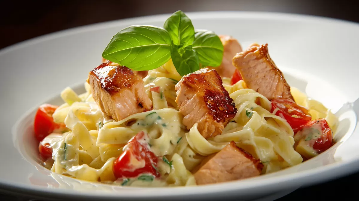 Bandnudeln mit gebratenen Lachsstreifen und Tomaten