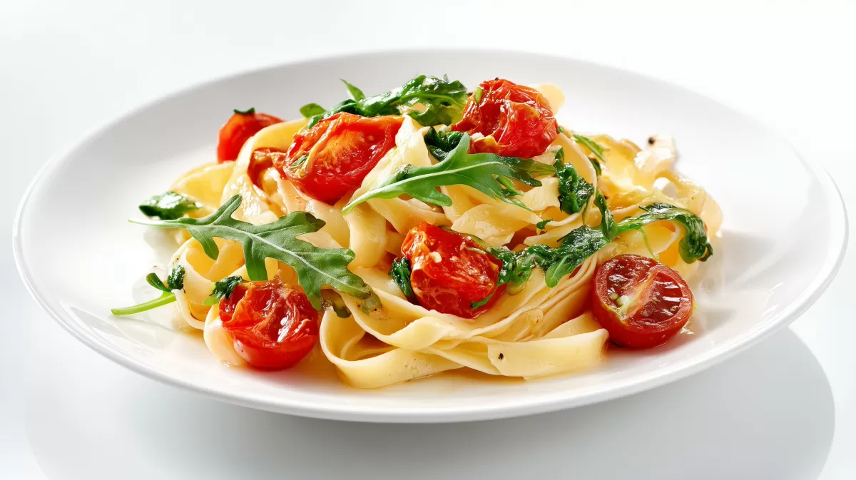 Bandnudeln mit Tomaten und Rucola auf weißem Teller