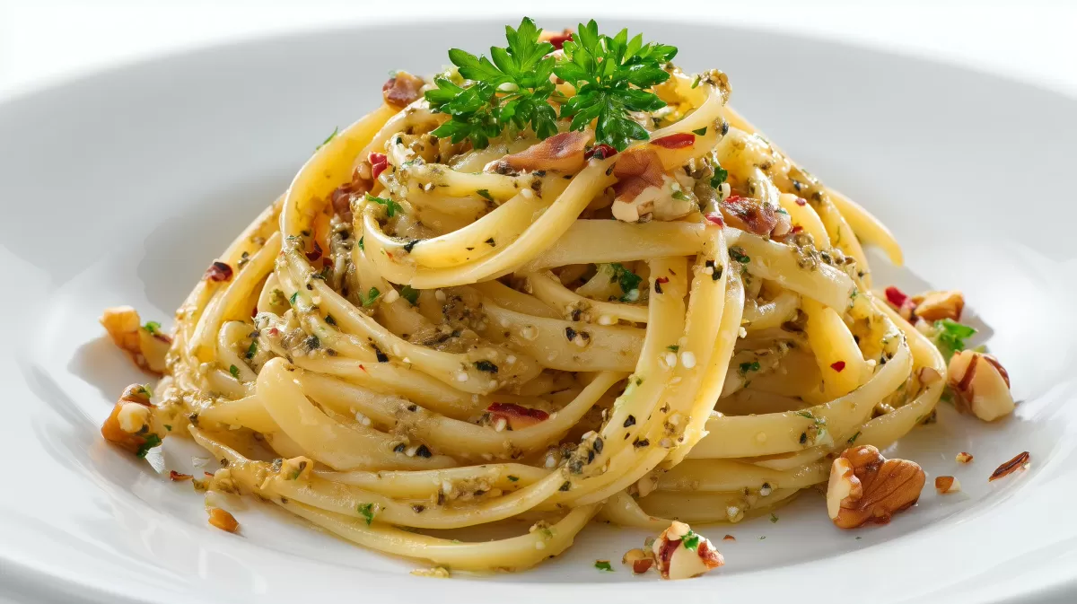 Bandnudeln mit Walnuss Pesto auf weißem Teller