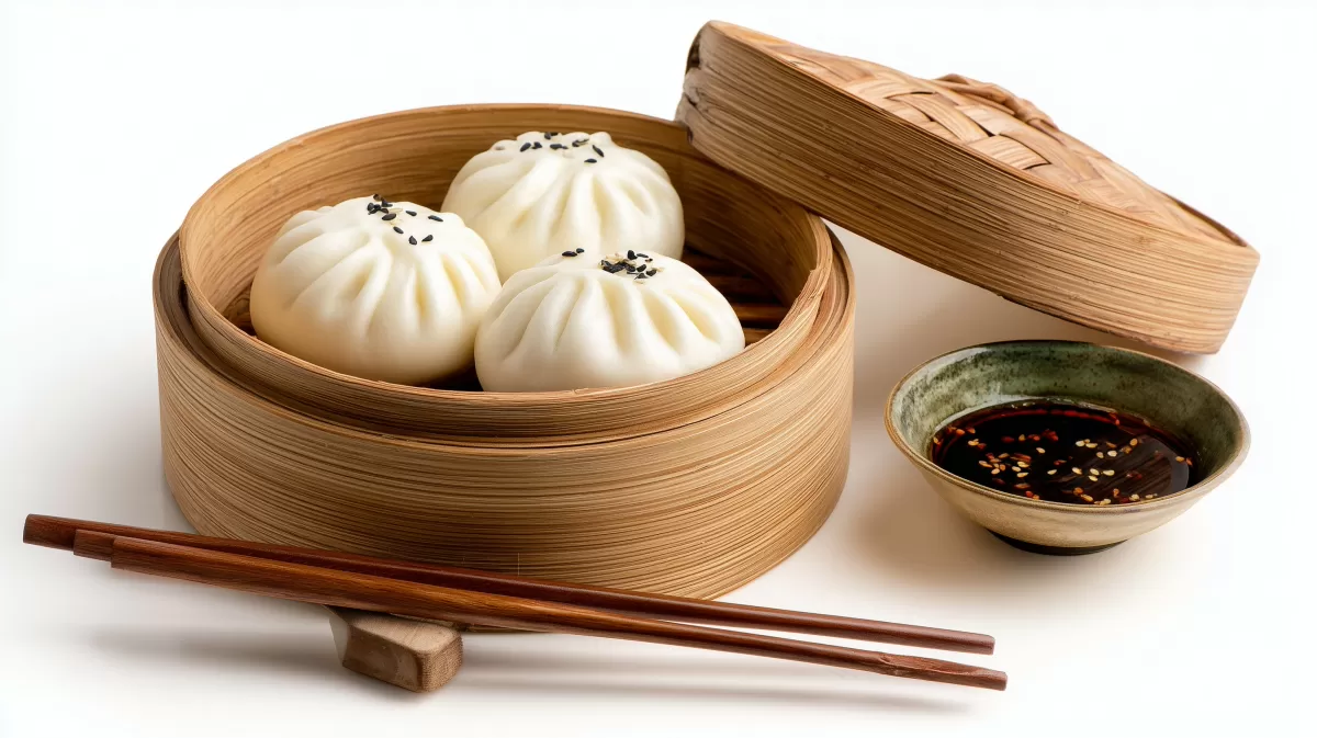 Banh Bao mit Tofu gefüllt im Bambusdämpfer