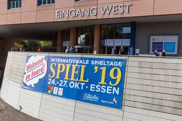 Banner at the entrance of the International games fair SPIEL 19 in Essen, Germany