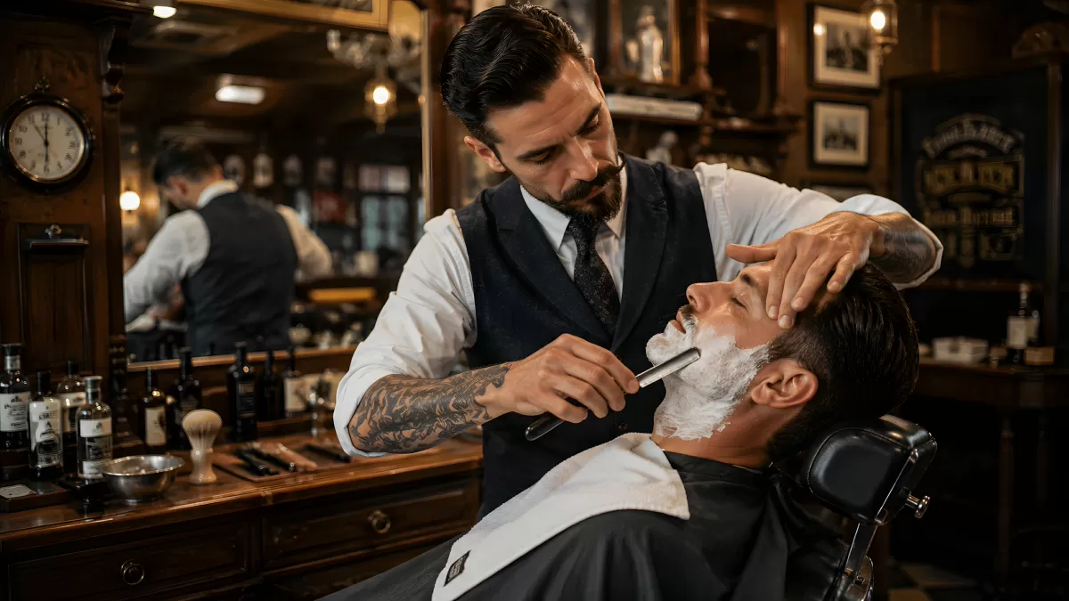 Barbier gibt klassische Rasur mit Rasiermesser