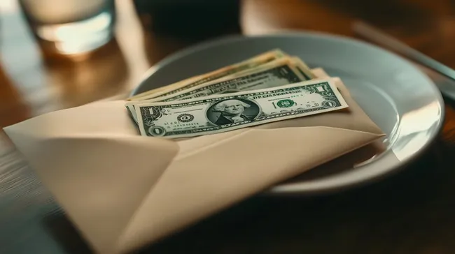 Bargeld in Umschlag auf Teller mit Lichtspiel