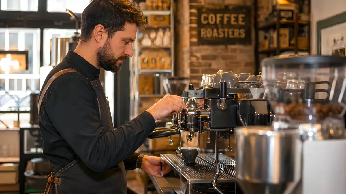 Barista bereitet Espresso an professioneller Kaffeemaschine zu