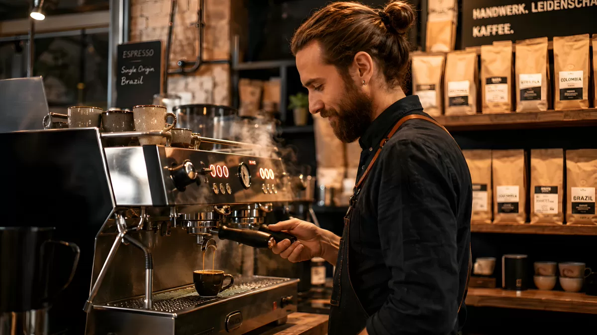 Barista bereitet Espresso an professioneller Siebträgermaschine