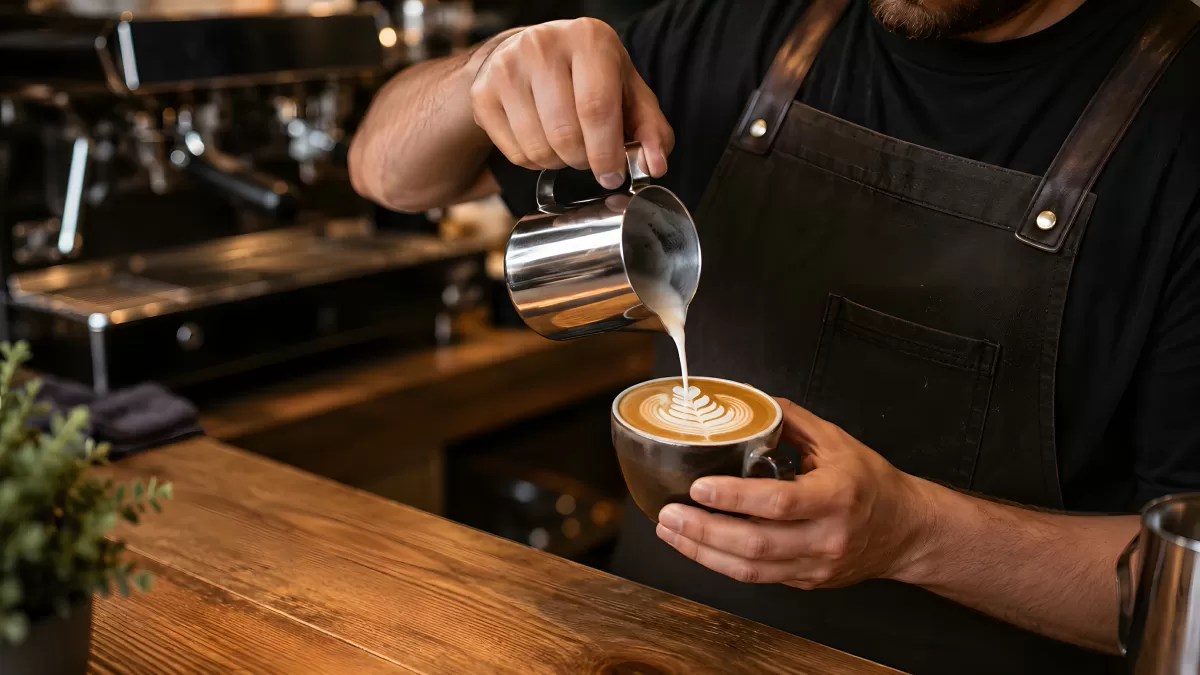 Barista formt Latte Art mit Milchschaum in Tasse