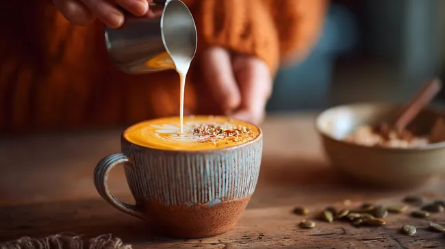 Barista gießt geschäumte Milch in Kürbisgewürz-Latte