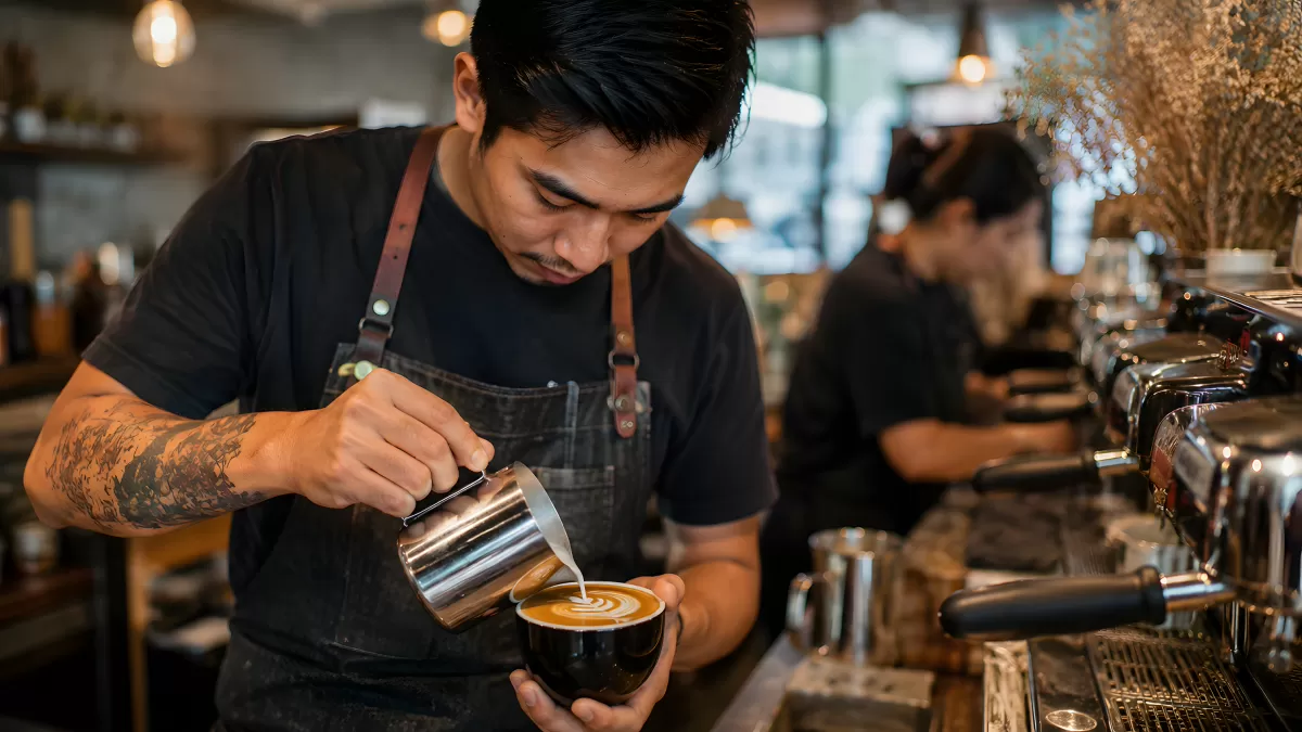 Barista gießt Latte Art in schwarze Kaffeetasse