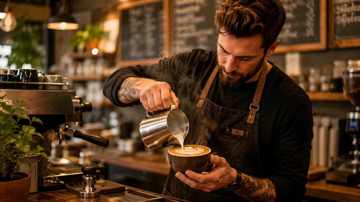 Barista gießt Milchschaum für Latte Art in Café