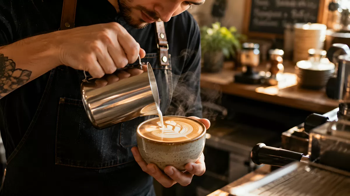 Barista gießt Milchschaum für Latte Art in Keramiktasse