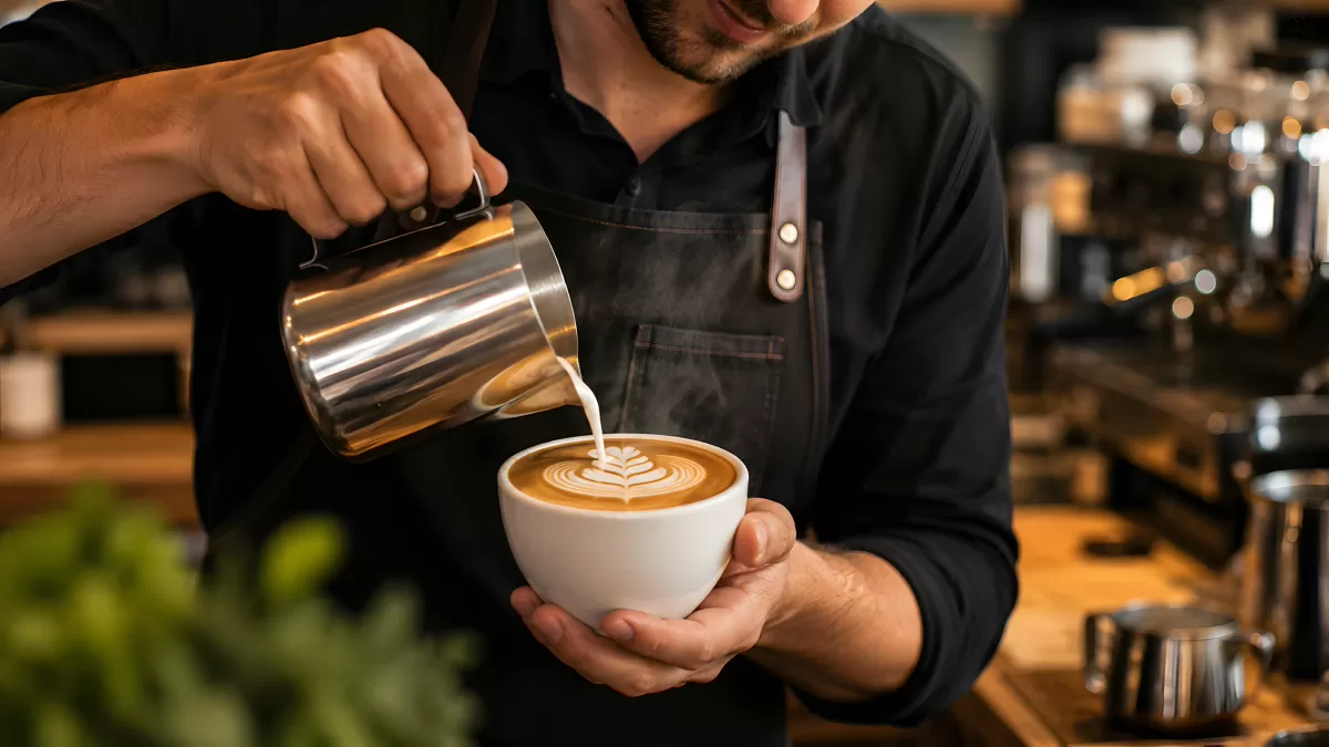 Barista gießt Milchschaum in Latte-Art-Kaffee