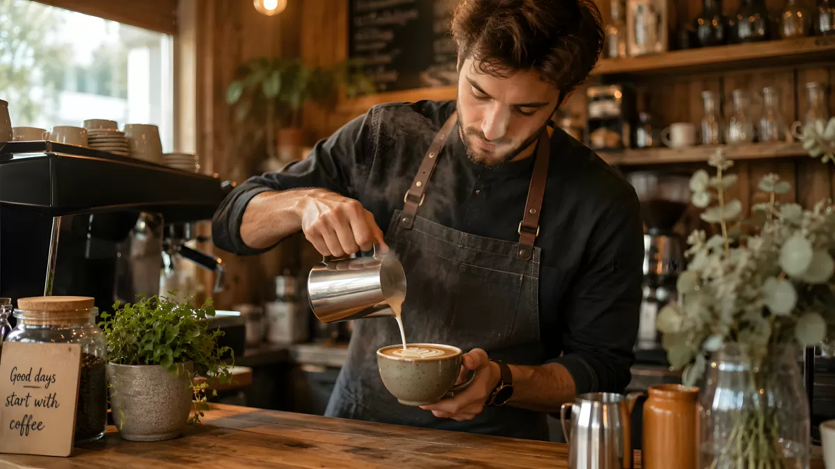 Barista gießt Milchschaum in Latte Art Tasse