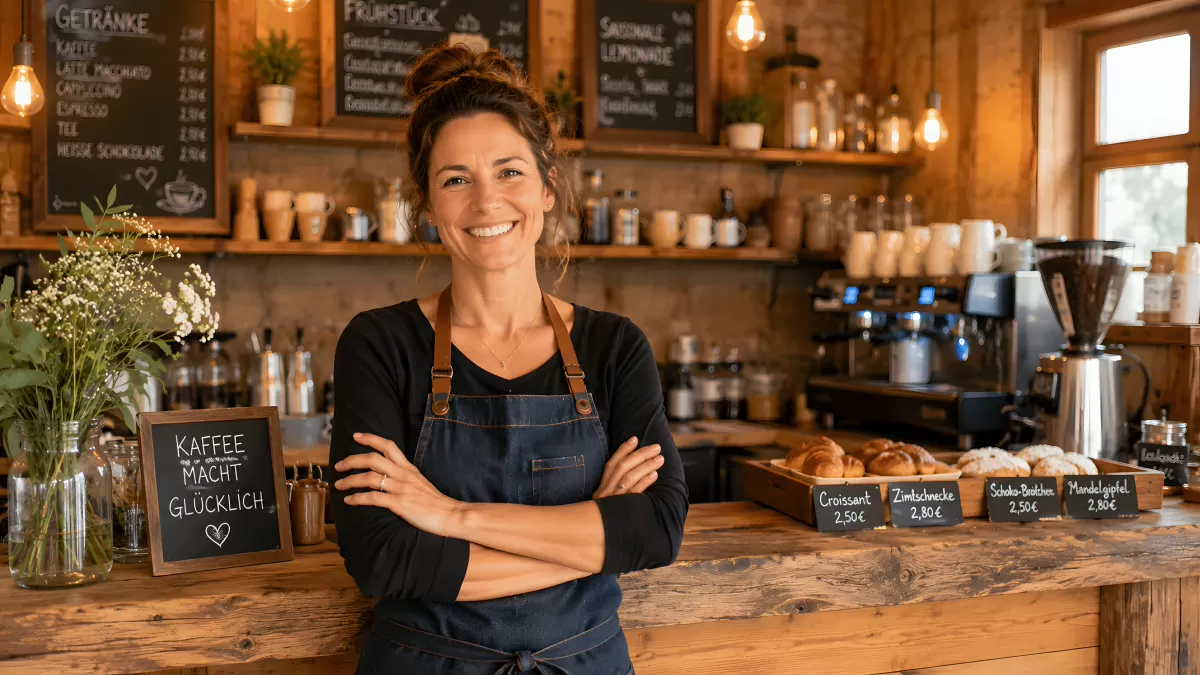 Barista in deutschem Café hinter Holztresen