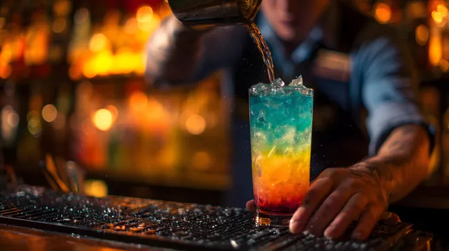 Barkeeper bereitet farbenprächtigen Cocktail an Bar zu