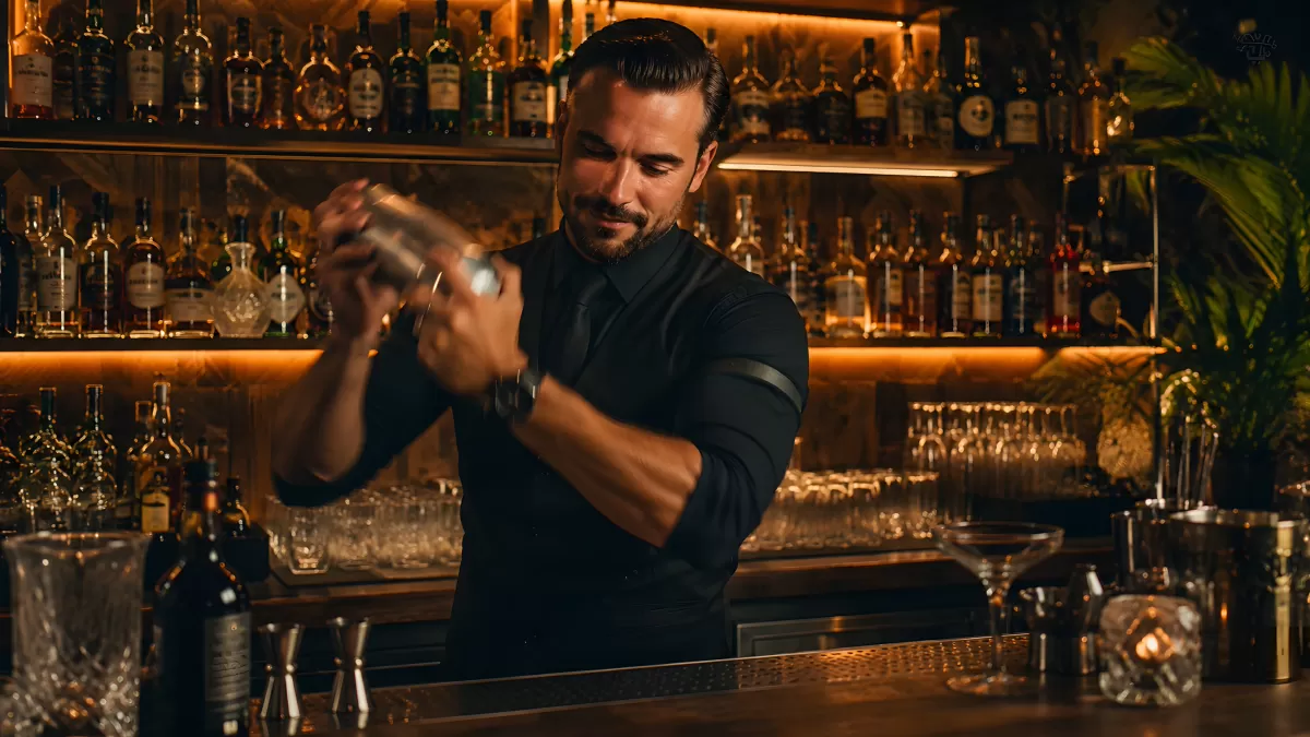 Bartender schüttelt Cocktail in edler Bar