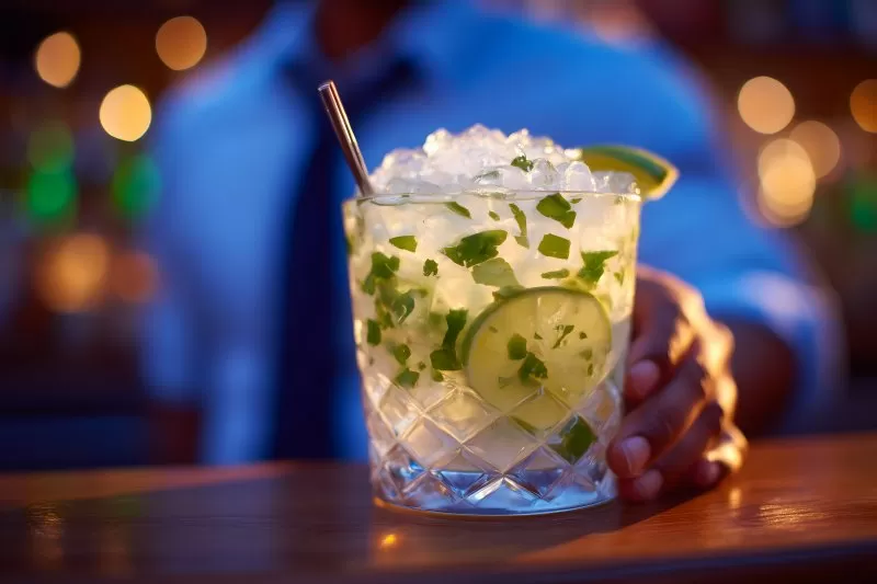 Bartender serving cocktail with ice lime and herbs in glass