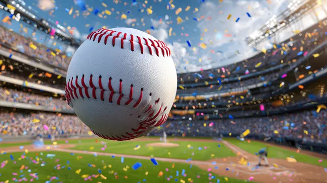 Baseballspiel im Konfetti-Regen im Sonnenlicht