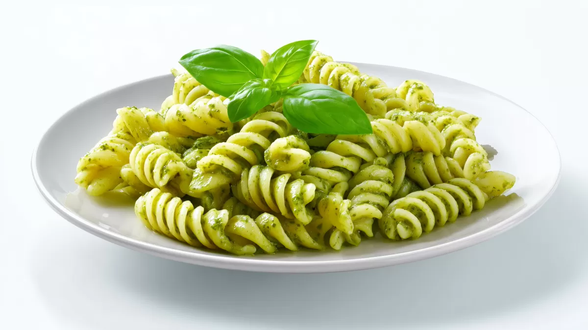 Basilikum Nudeln mit Pesto auf weißem Teller
