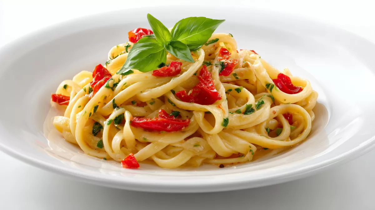 Basilikum Nudeln mit Tomaten auf weißem Teller