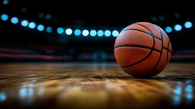 Basketballkorb in beleuchteter Sporthalle