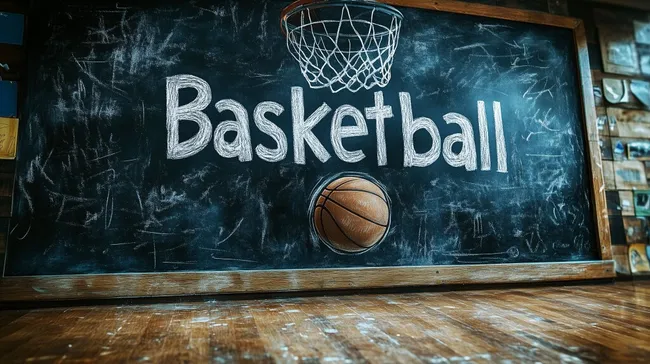 Basketballkorb und -ball in Sporthalle