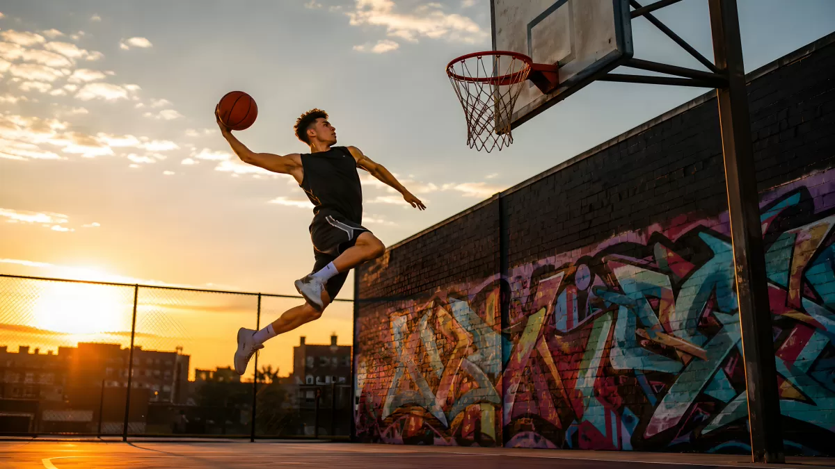 Basketballspieler beim Dunking bei Sonnenuntergang